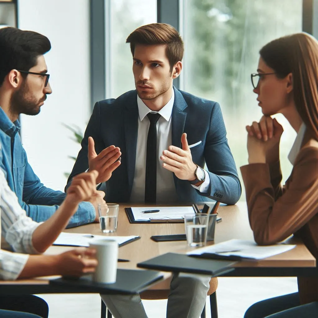 Manager mediating a conflict between two colleagues, achieving a peaceful resolution through open and active communication