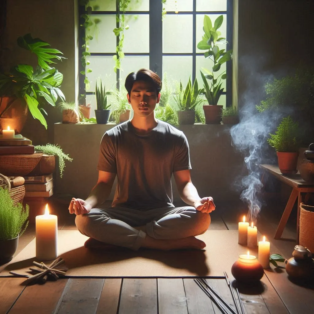 A person meditating in a calm space