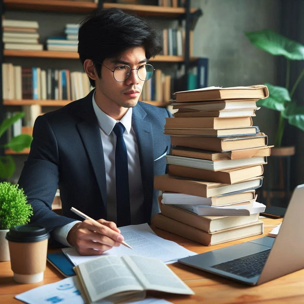 Un candidato leyendo documentos de preparación