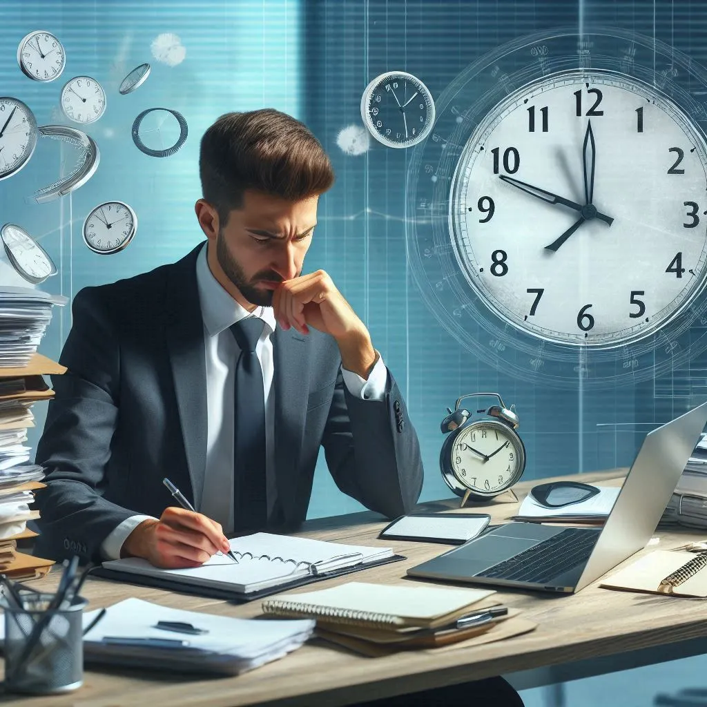 Profesional gestionando eficazmente un plazo ajustado manteniéndose organizado, con tareas bien definidas y un enfoque tranquilo y metódico