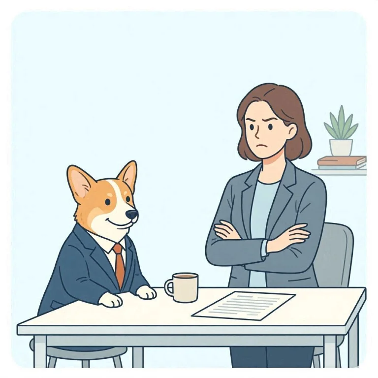 Un corgi con traje mantiene la calma ante un reclutador que lanza un ultimátum