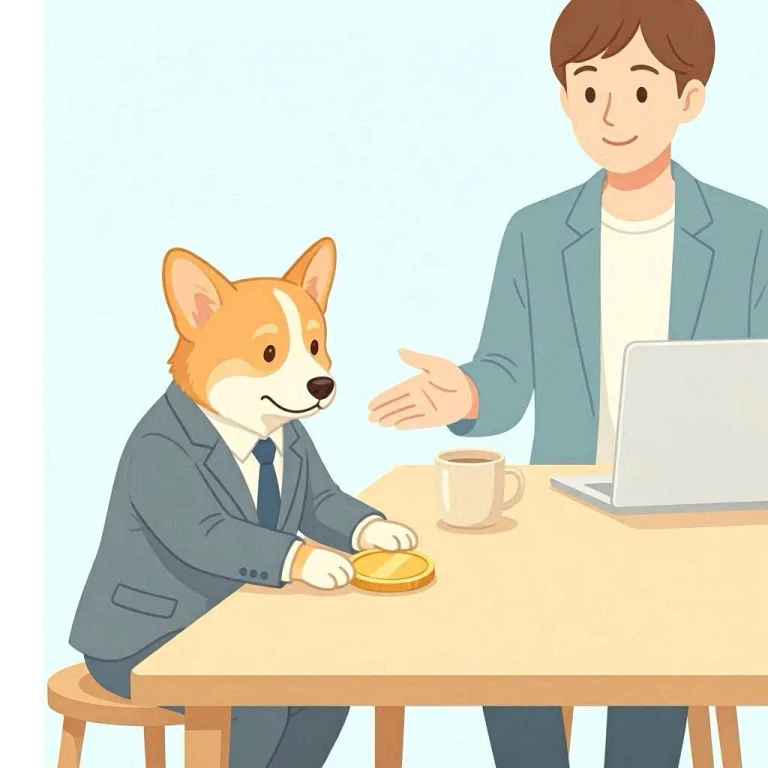 Un corgi con traje tiende un regalo a un reclutador que se lo embolsa sin devolver nada