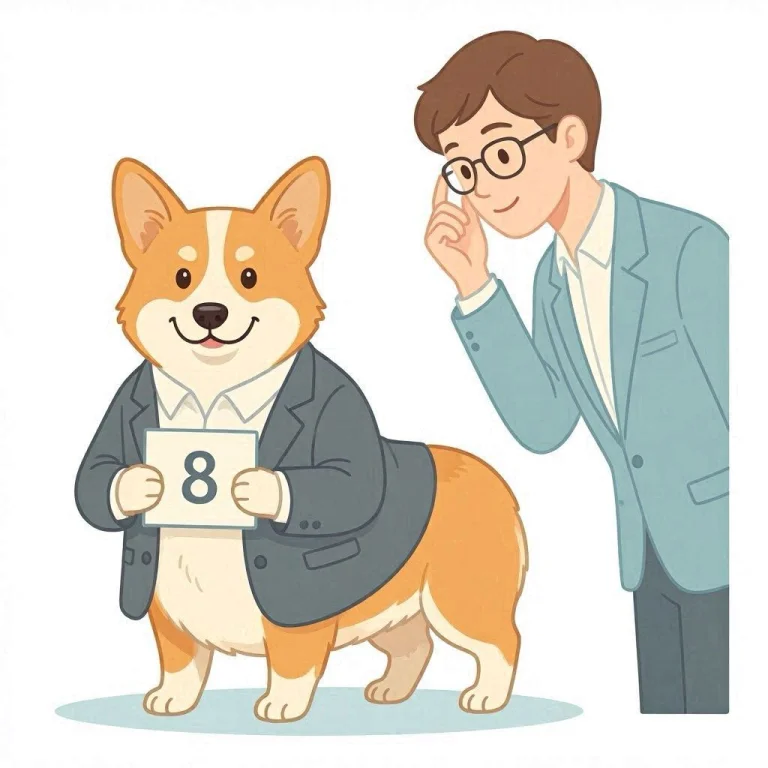 Un corgi con traje duda en poner una carta con un número mientras un reclutador alarga la mano para cogerla