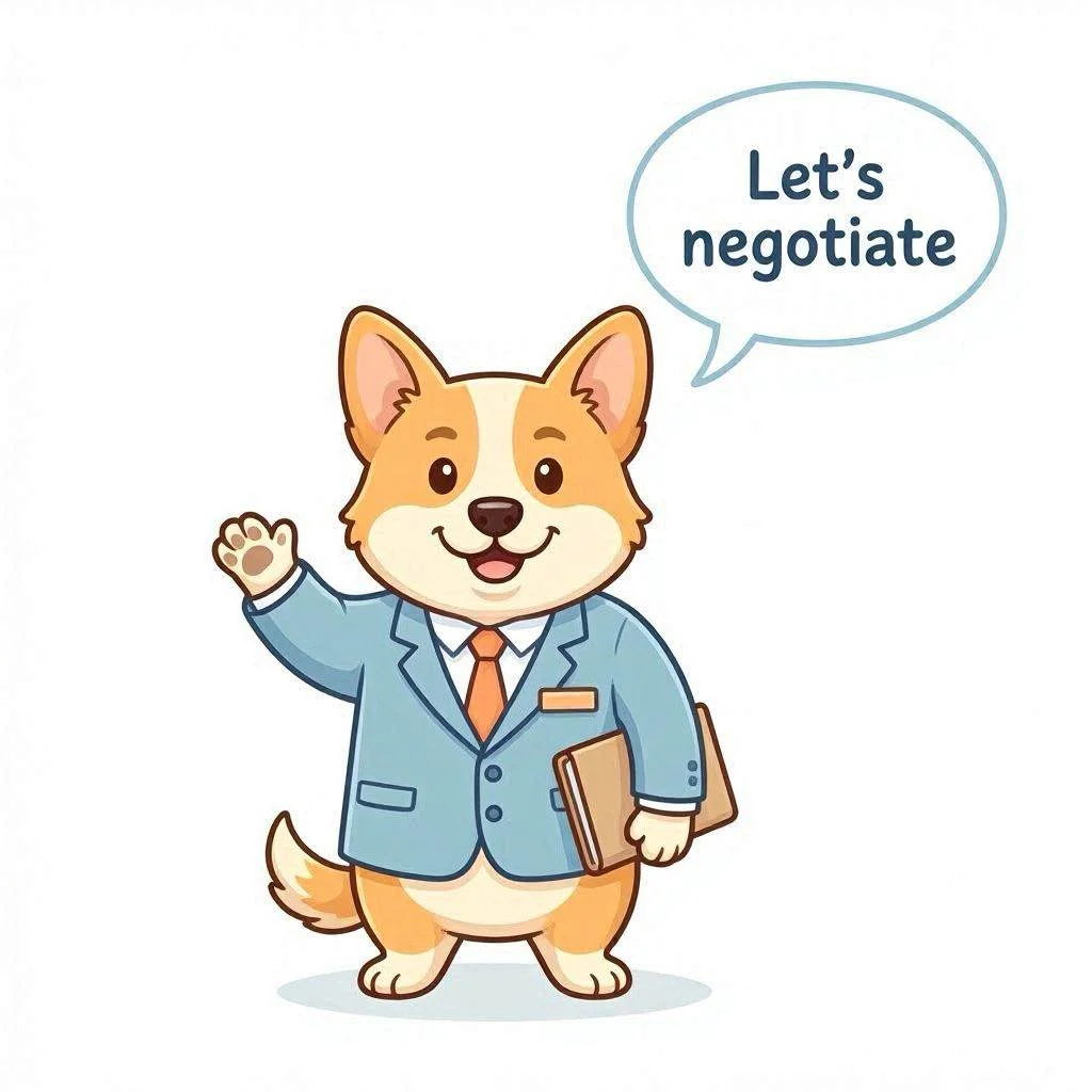Un corgi con traje pronuncia con seguridad una frase de negociación