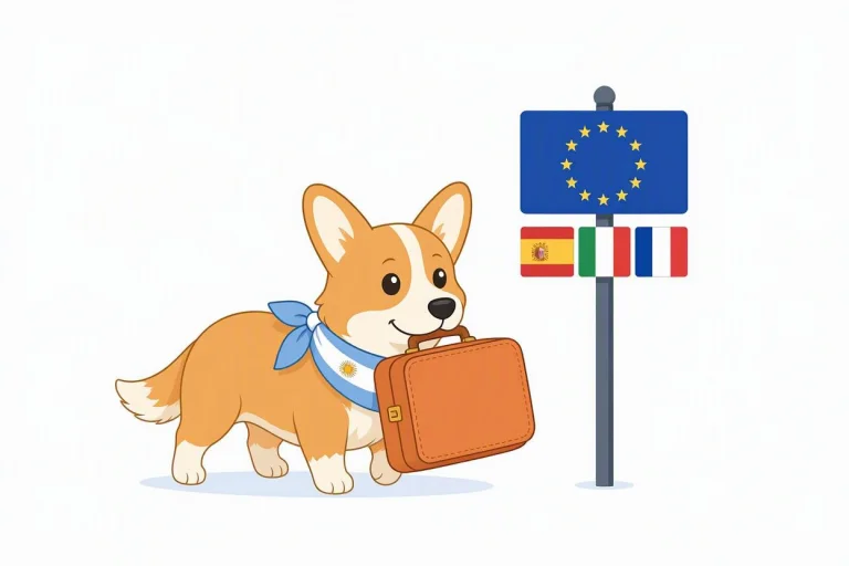 Un corgi con una bufanda con la bandera argentina y una valija en la boca camina hacia un cartel con las banderas de la UE, España, Italia y Francia