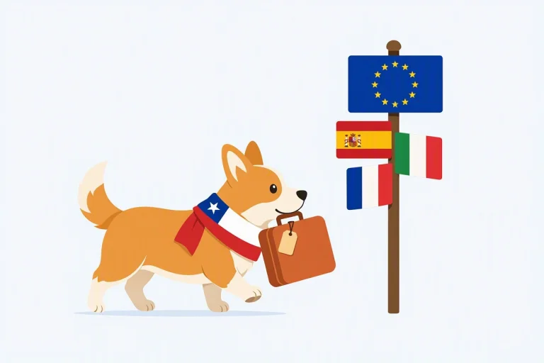 Un corgi con una bufanda con la bandera de Chile y una maleta en la boca camina hacia un cartel con las banderas de la UE, España, Italia y Francia