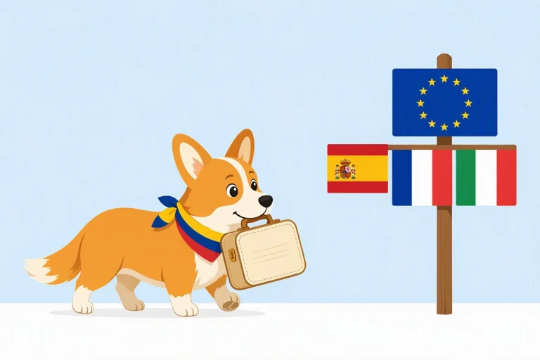 Un corgi con una bufanda con la bandera de Colombia y una maleta en la boca camina hacia un poste indicador con las banderas de la UE, España, Francia e Italia