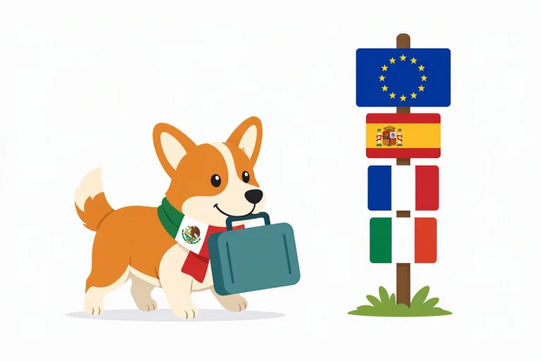 Un corgi con una bufanda con la bandera de México y una maleta en la boca camina hacia un poste indicador con las banderas de la UE, España, Francia e Italia
