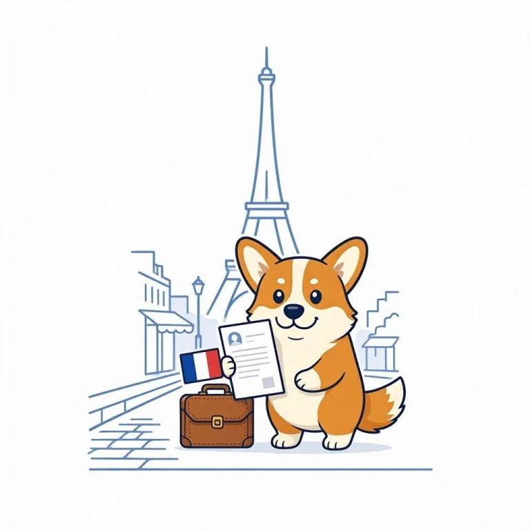 Corgi con un CV e una bandiera francese davanti alla Torre Eiffel, pronto a lavorare in Francia