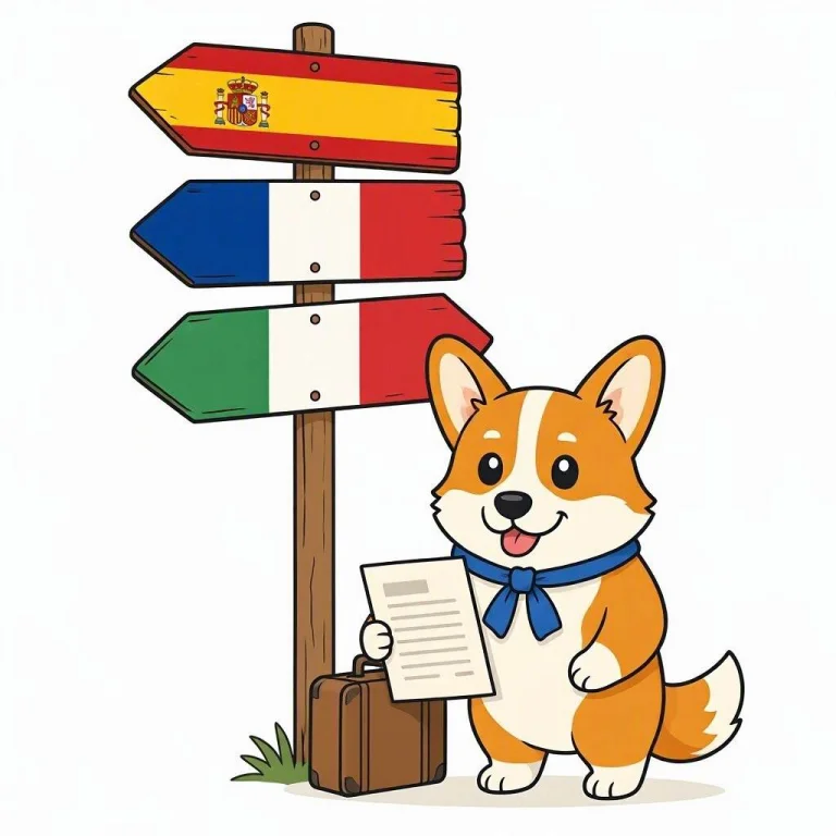 Corgi con valigia e CV accanto a un cartello con le bandiere di Spagna, Francia e Italia