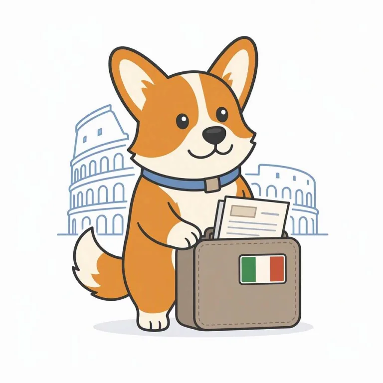 Corgi z walizką z włoską flagą i CV przed Koloseum w Rzymie, gotowy do pracy we Włoszech