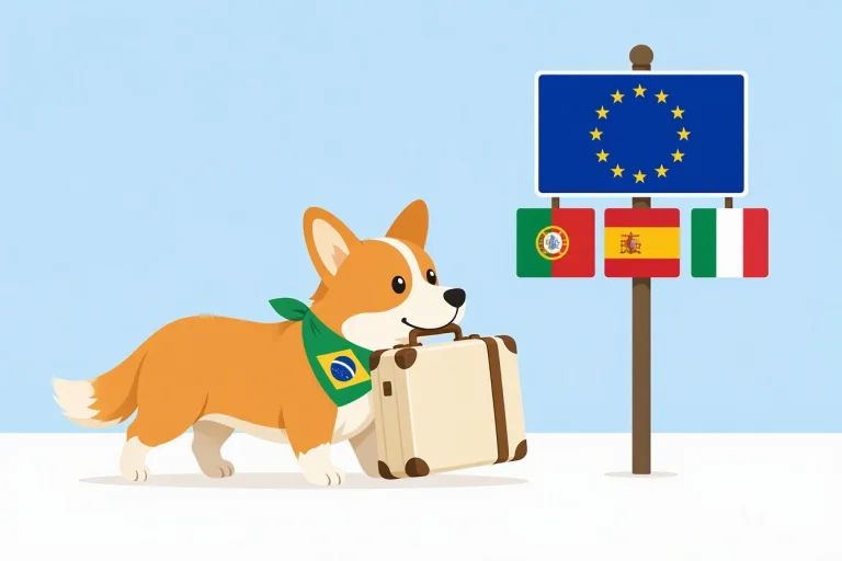 Um corgi com lenço do Brasil leva uma mala na boca em direção a uma placa com as bandeiras da União Europeia, de Portugal, da Espanha e da Itália