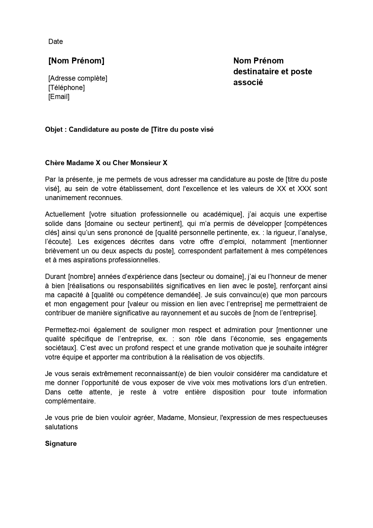 Lettre motivation tres formel